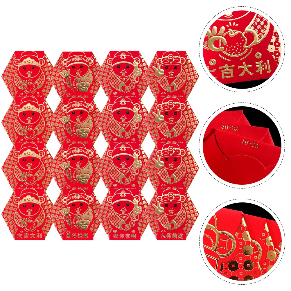 16 Pcs Lunar Calendar Wedding God of Wealth Red Envelope Gift Money Bag Paper Chinese Packet Spring Festival