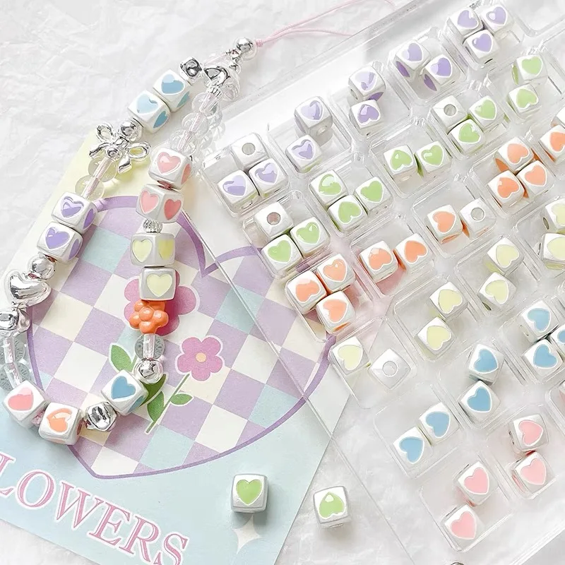 

Wholesale 50pcs/lot 7mm color hearts core geometry square shape alloy straight hole beads diy jewelry accessory