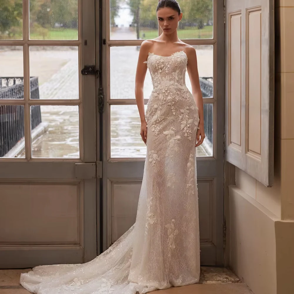 

Customized Dreamy Sparkling Beaded Lace Wedding Dress Strapless Illusion Mermaid Bridal Gown Customzied Elegant Long Bridal Gown