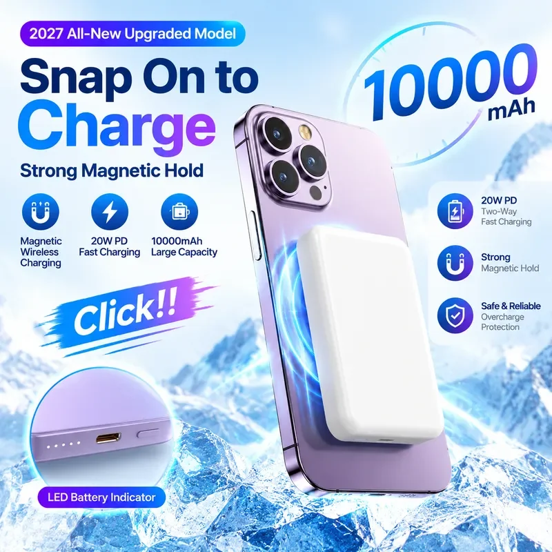 2027 New Mini Magnetic Wireless Power Bank 10000mAh 15W Fast Charging Portable External Battery Pack for Smartphones for