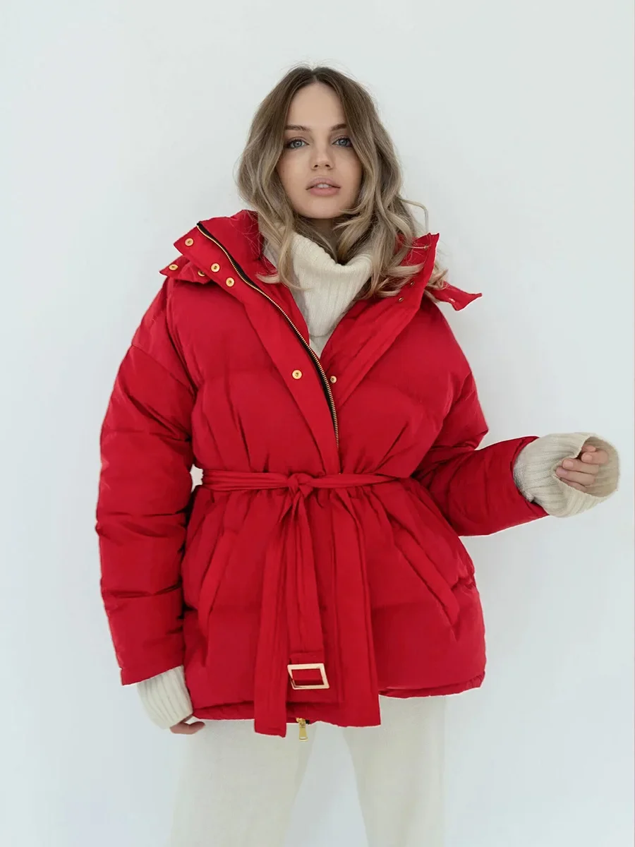 Bornladies feminino engrossar jaqueta de algodão quente outono inverno boné zip pão jaqueta moda parkas senhora do escritório cinto jaqueta de algodão