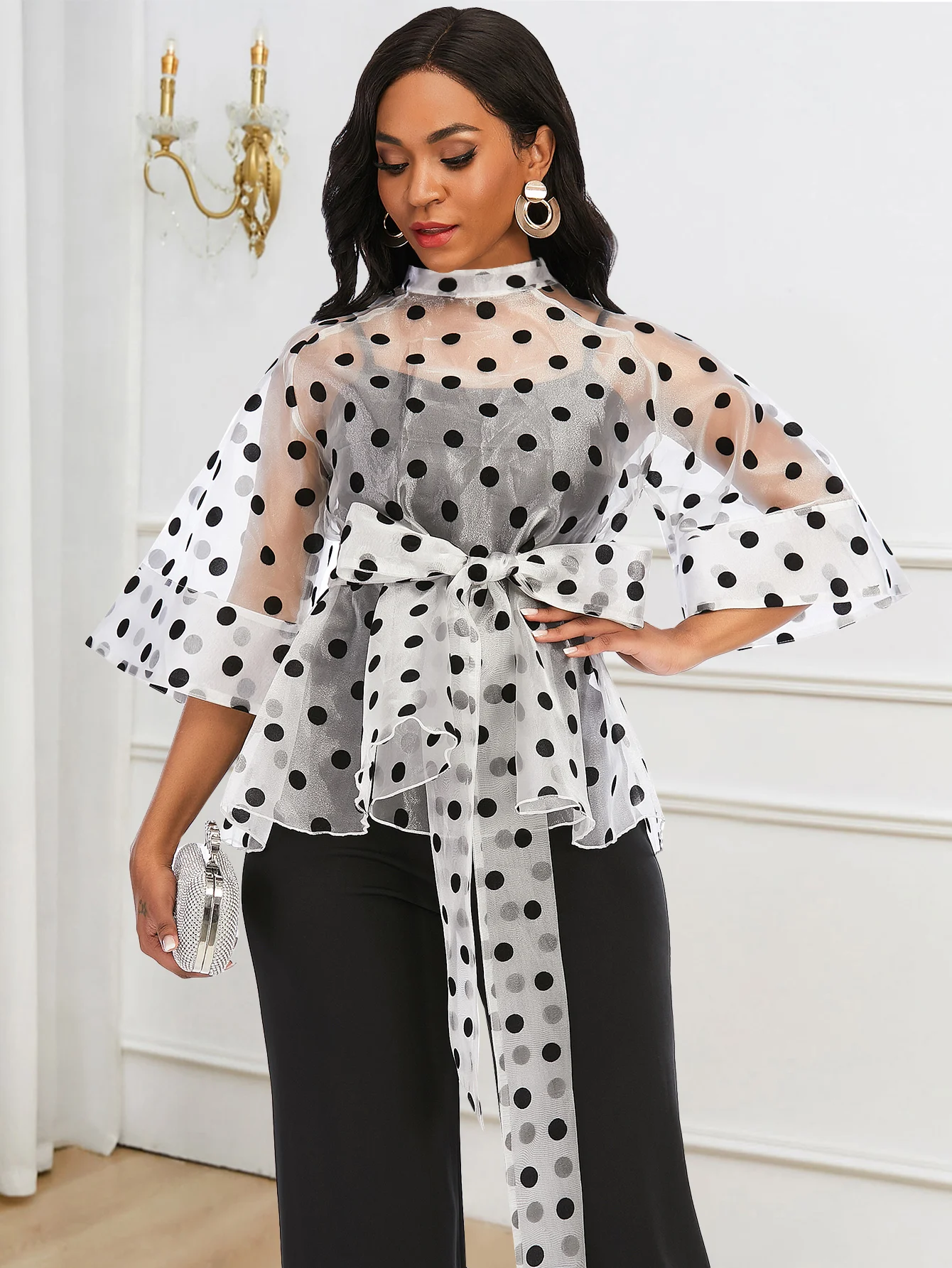 White Organza Tops Half Sleeve Polka Dot Sexy See Through Blouse Evening Cocktail Party Event Pullover Shirts for Ladies 2024