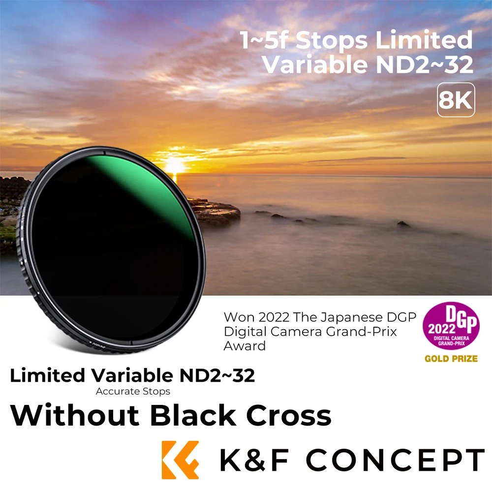 K&F CONCEPT Nano-X ND2-32 (1-5 Stop) فلتر ND متغير نحيف 37/40.5/43/46/49/52/55/58/62/67/72/77/82/95/105 مم، لعدسة الكاميرا