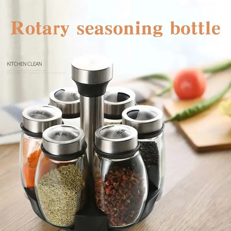 Kitchen Rotating Spice Bottle Set Glass Material Seasoning Salt Sugar Pepper Seasoning Storage Bottle Kitchen Spice Rack