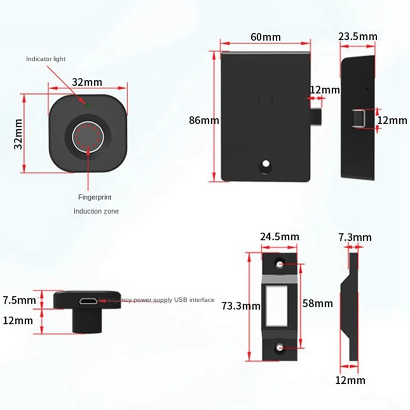 T81C Biometric Fingerprint Lock Black Keyless Cabinet Lock Smart Drawer Locks Anti-Theft Door Lock Long Standby Time