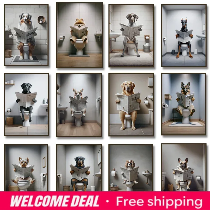 2026  Doberman Shepherd Golden Retriever Reading The Newspaper on The Toilet Funny Bathroom Canvas Painting Wall Prints Home