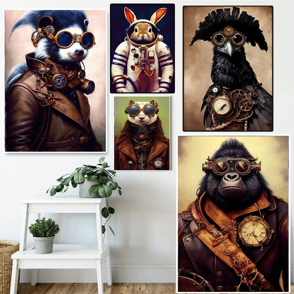 Steampunk Animal Canvas Painting Wall Art Funny Sci-Fi Cat Dog Tiger Lion Wolf Aviator Poster Prints For Living Room Home Decor