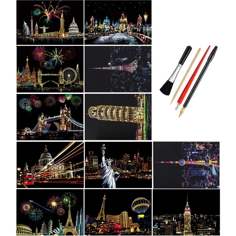 12 Pieces of Magic Scratch Painting Crafts DIY World Scenery Scratch Painting Paper Children Adult Stress Relief Toys DIY Gifts