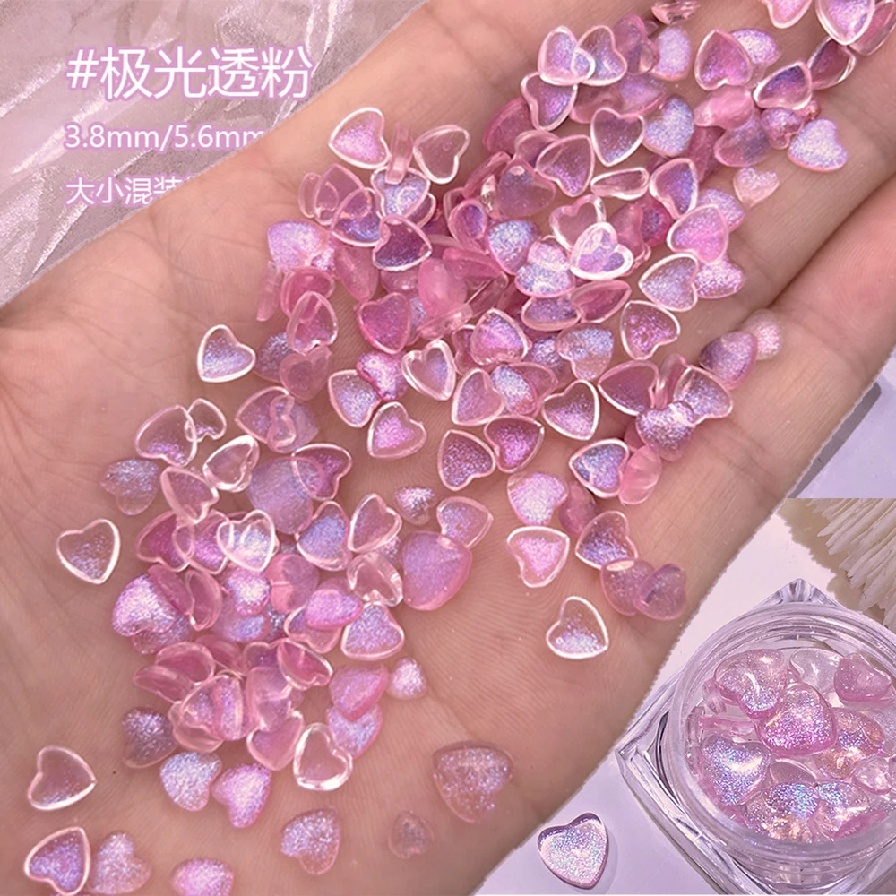 7/5/4mm Pink/ Ice Transparent Aurora Heart Nail Rhinestone 30/40Pcs Symphony Glitter Heart 3D Resin Love-Heart Manicure Diamond