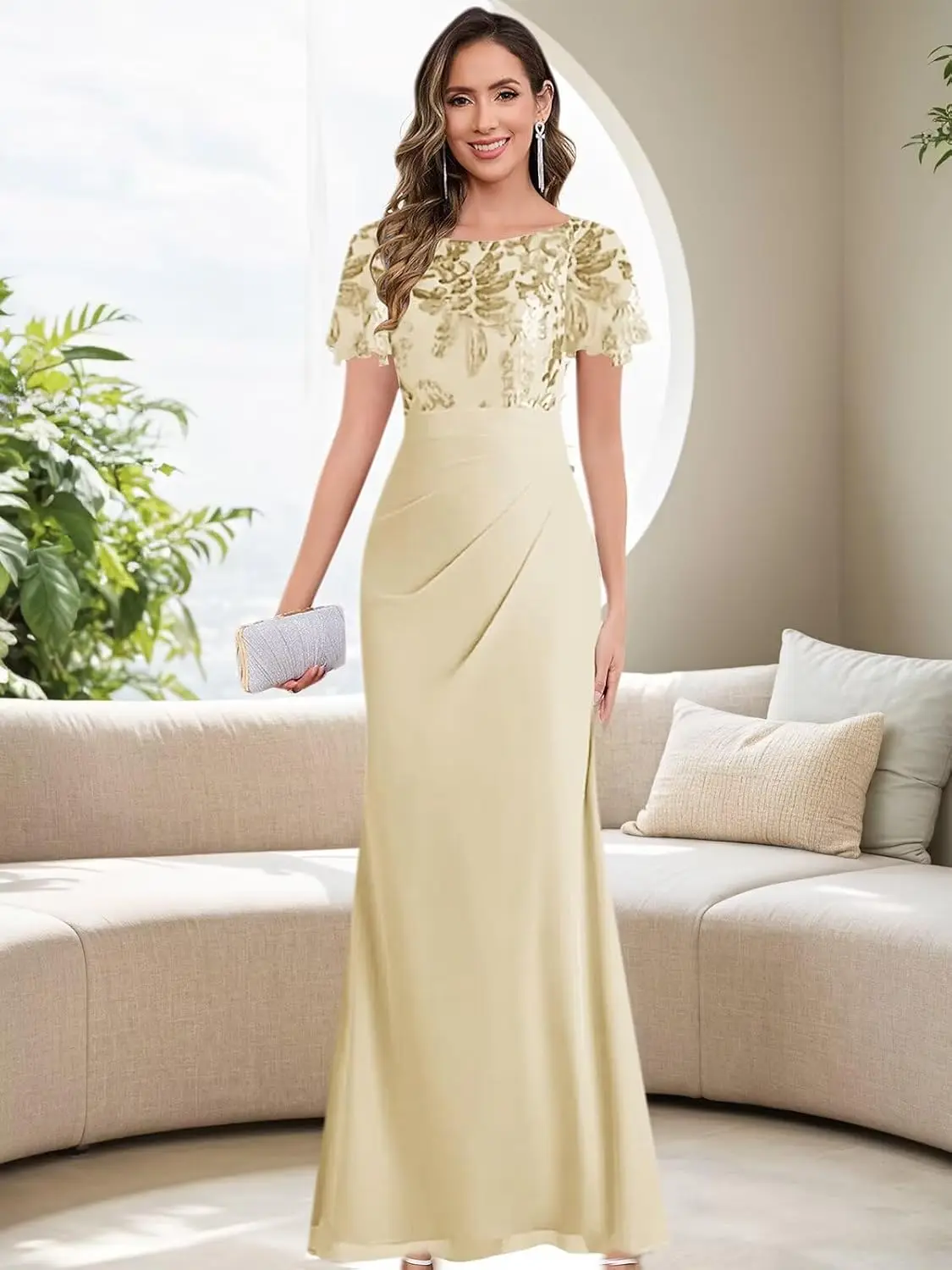 Formal Mermaid Mother of The Bride Dresses for Women with Sleeves Floral Sequin Chiffon Evening Dress