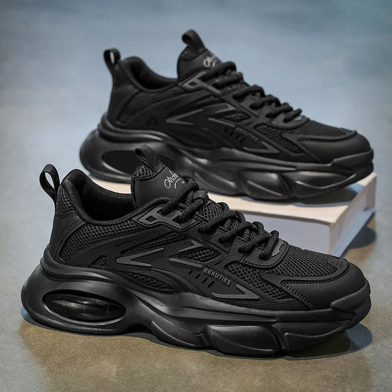 Men's Sporty Casual Shoes Breathable Running Sneakers Thick Bottom High Toppling Dad Trendy Shoes Autumn Season All-Match Black