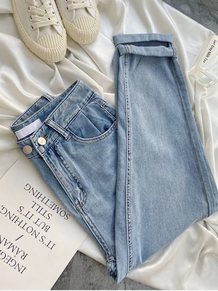 Summer Thin Super Soft Glutinous Light Loose Slim Jeans High Waist Nine Piece Curled Straight Leg Pants Women's Korean Edition