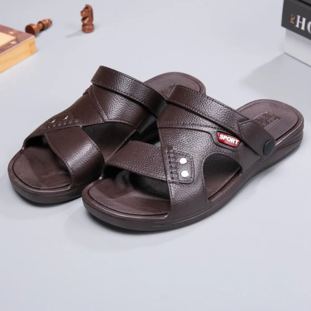 

Simple Thick Soled Casual Slippers Anti Odor Anti Slip Slides Sandals Men PU Leather Shoes Ankle Buckles Slippers Beach