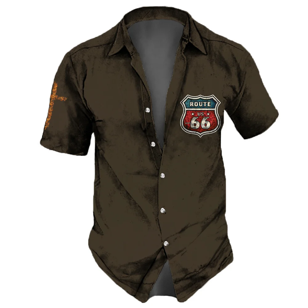 Vintage Shirt For Men Route 66 3d Printed Shirts Summer Casual Blouse Oversized Tees Top Old Pattern Camiseta Men's Clothing 5xl