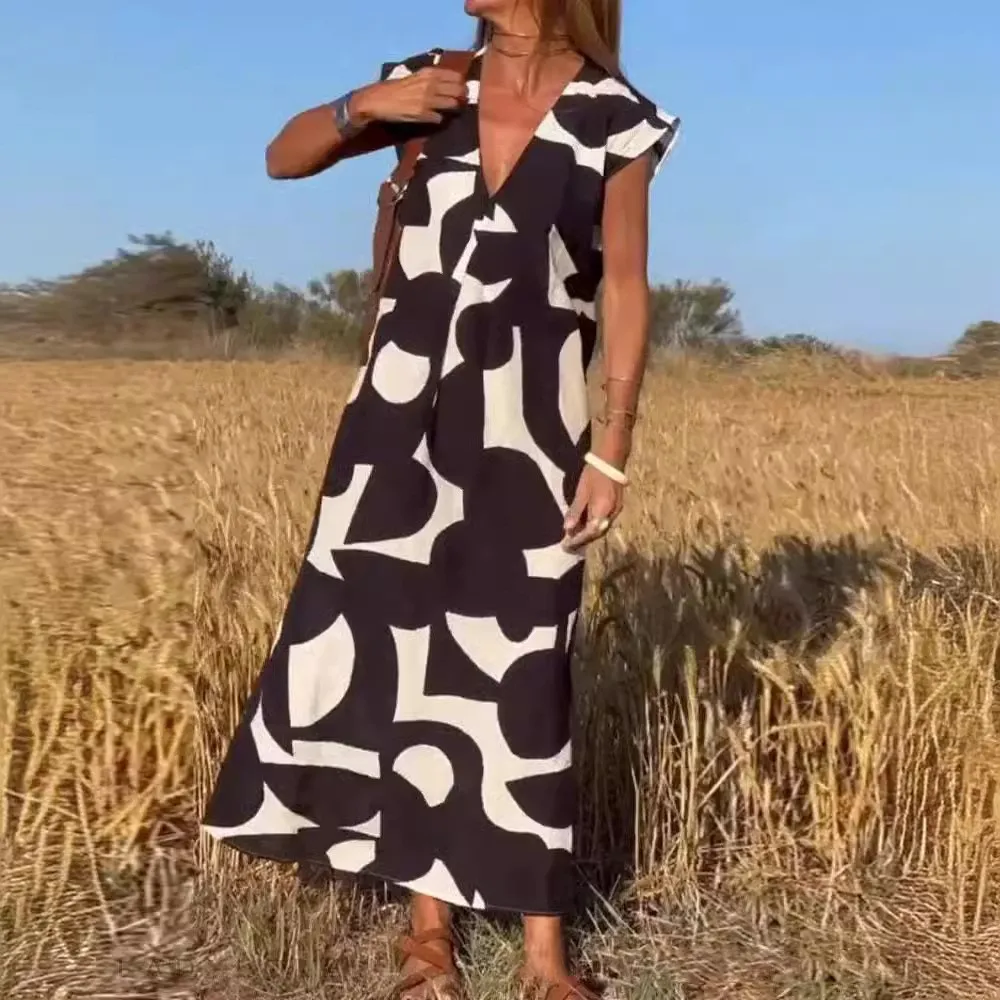 

2024 Elegant Lady V-neck Sleeveless Loose Waist Dress Summer Fashion New Versatile Geometric Printed Long Dress Платье Летнее