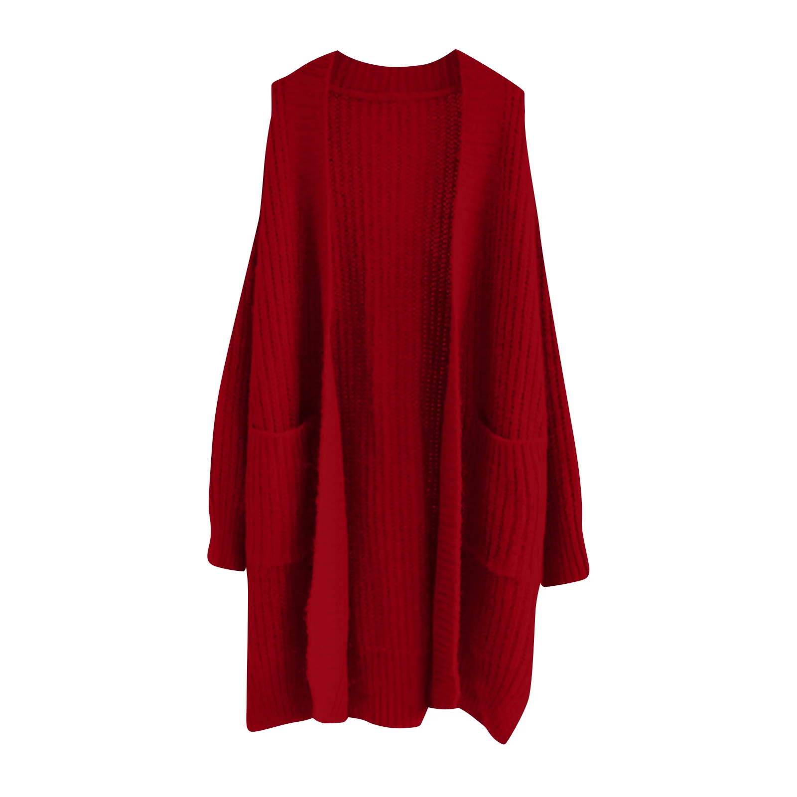 

Women'S Red Oversized Knit Cardigan Longline Pocket Open-Front Outerwear Adult Daily Casual 2026 Trendy Cozy Apparel Abito