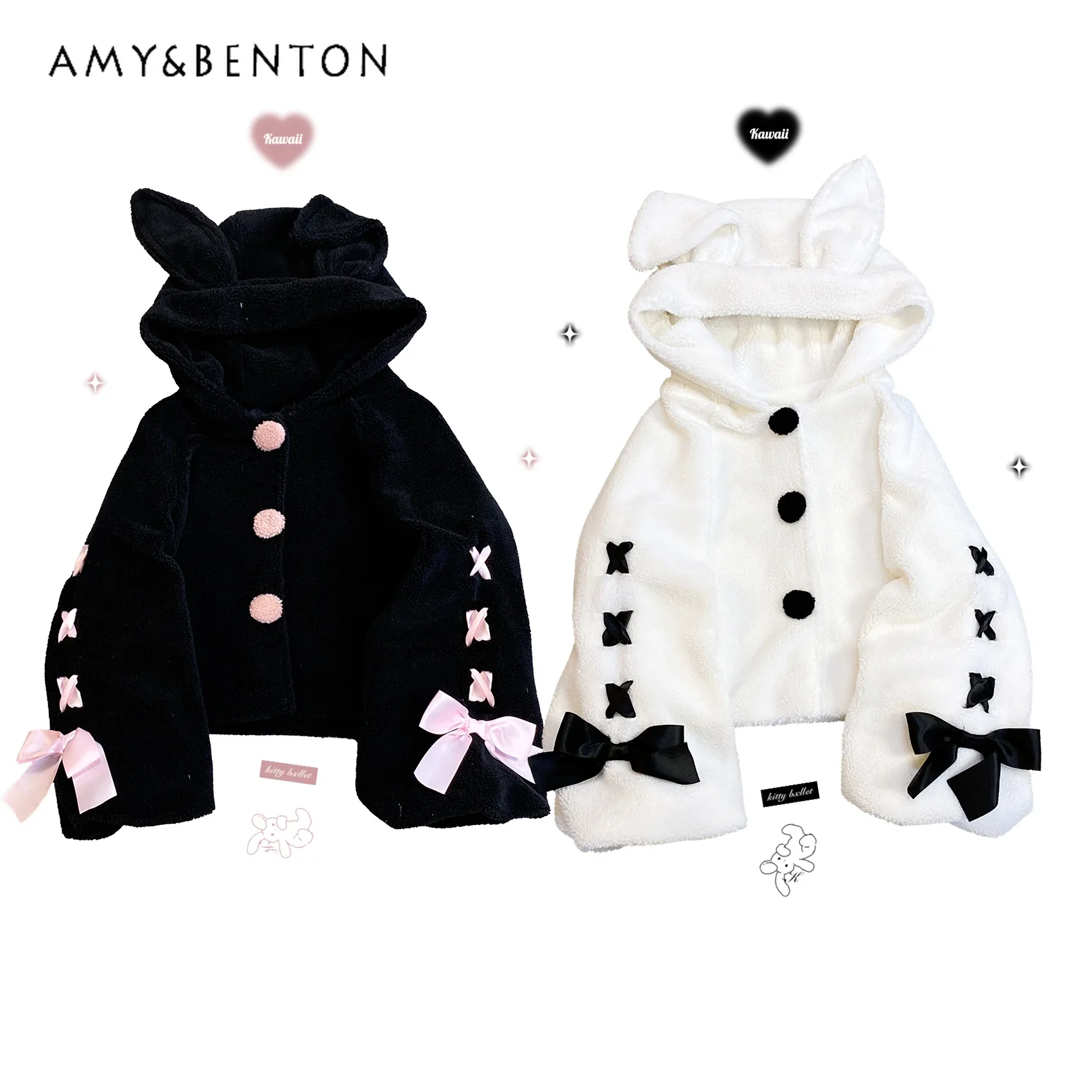 

Lolita Sweet Coat Japanese Cute Rabbit Ear Button Lace-up Bow Winter Clothes Women Mine Plush Loose Jacket Kawaii Jk Coats