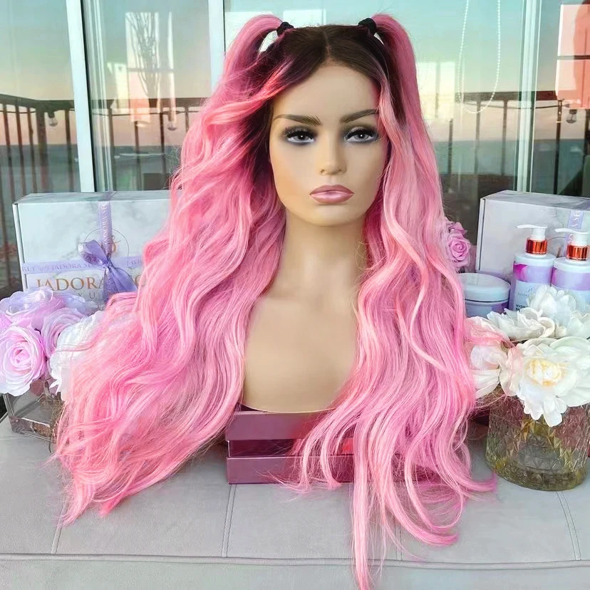 AIMEYA-Ombre Pink Lace Wig, peruca de onda natural, raízes pretas, peruca dianteira do laço sintético, cabelo resistente ao calor, peruca Cosplay uso diário, 13x4