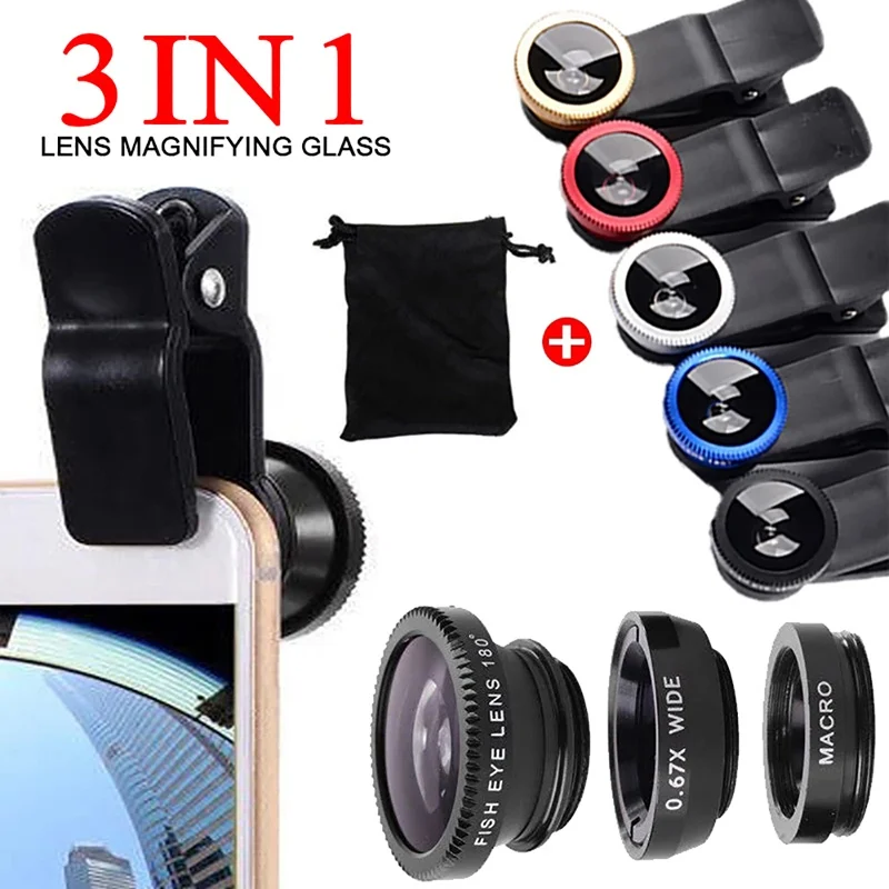 3-in-1-Fisheye-Telefonobjektiv, 0,67 x Weitwinkel-Zoomobjektiv, Fischaugen-Makroobjektive, Kamera-Kits mit Clip für iPhone, Samsung, Smartphone