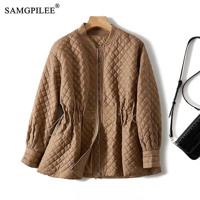 

European Winter Coat For Women French Fashion Elegant Drawstring Classic Plaid Stand Collar Mid Length Cotton Padding Jackets