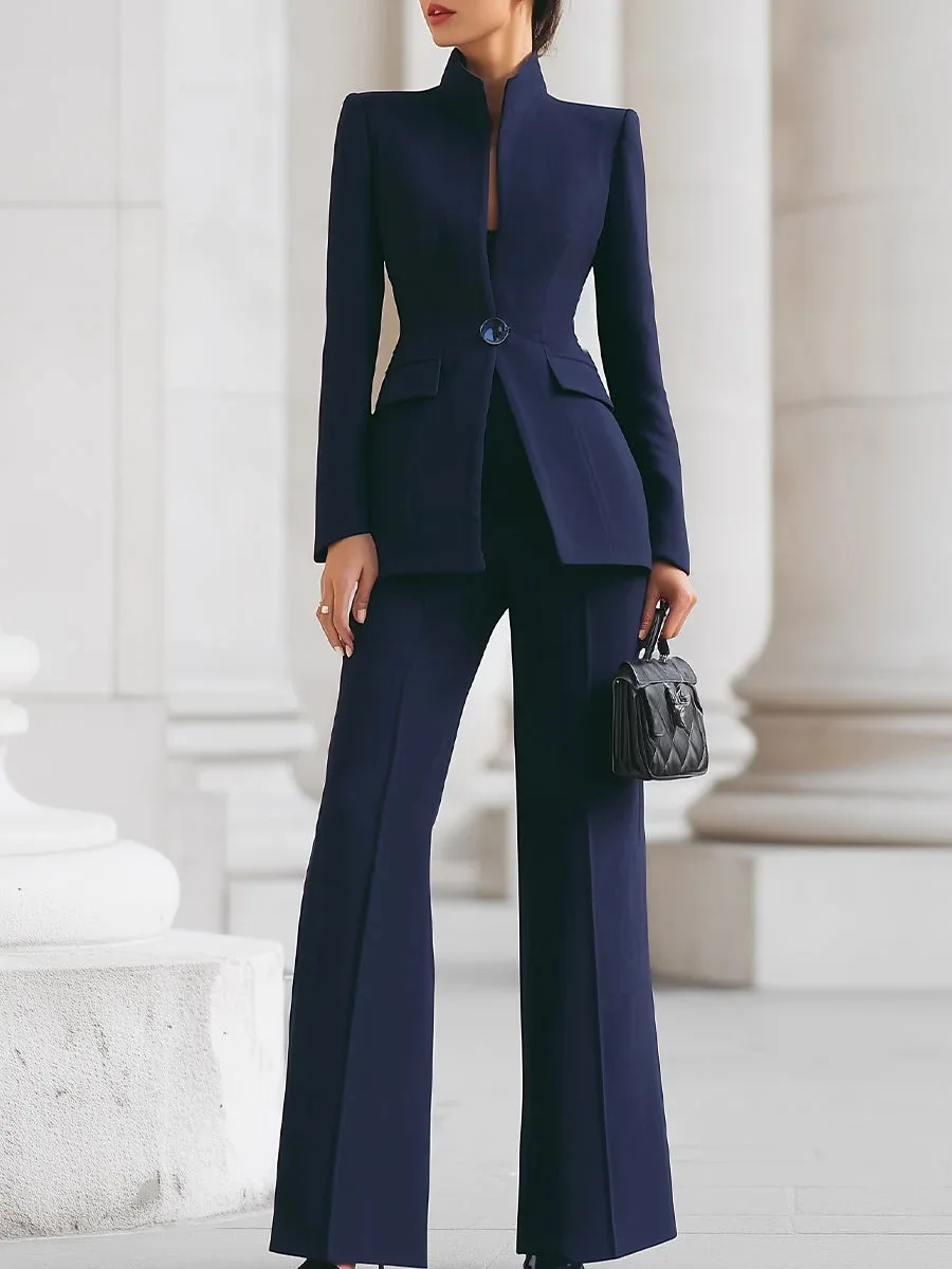 Elegant Office Lady Blazer Suit Set Stand Collar Single Button Long Sleeve Blazer and High Waist Flare Pant Two Piece Set Women