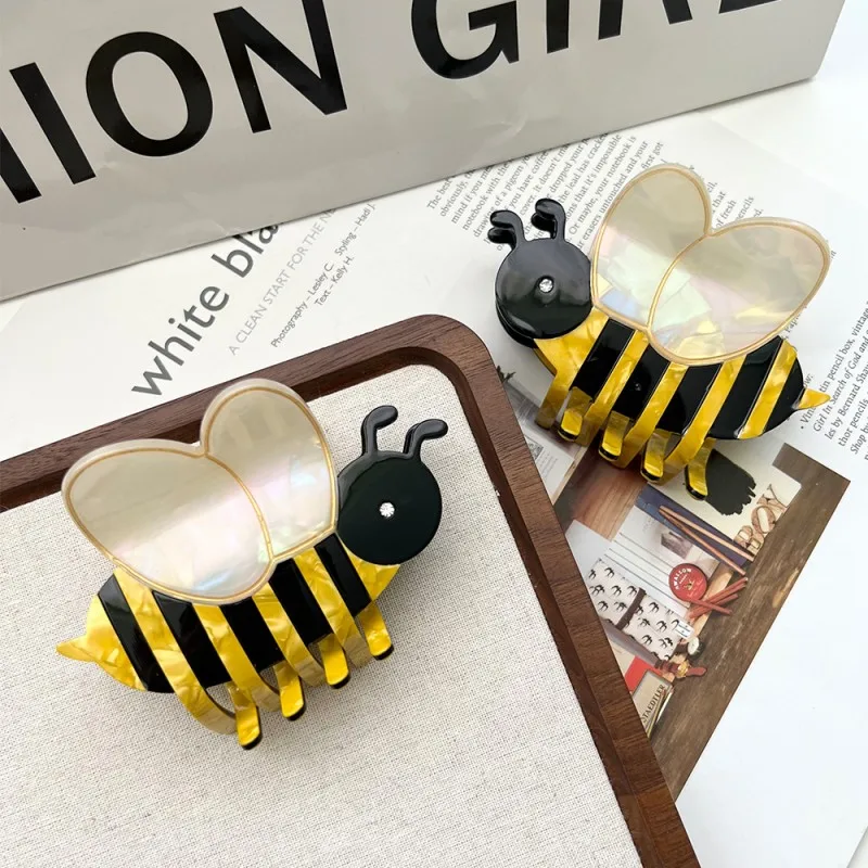 HANGZHI Yellow Black Stripe Rhinestone Bee Hair Clip Cute Cartoon Animal Shark Clip Unique Creative Hair Accessories For Women