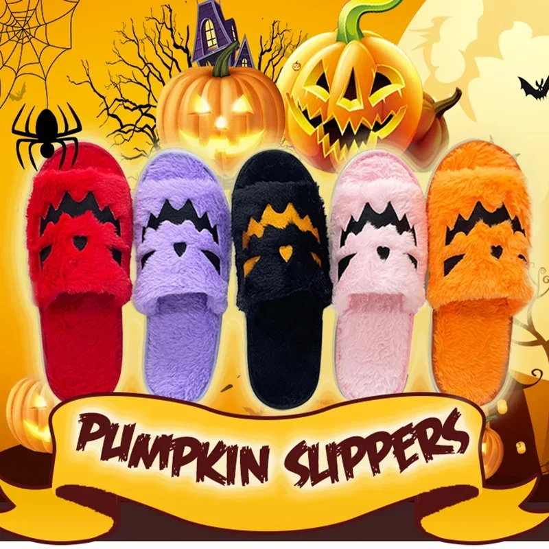 

Halloween Plush Slippers Lady Lantern Pumpkin Shoes Women Men Flat Soft Fuzzy Slipper Comfortable House Flip Flops