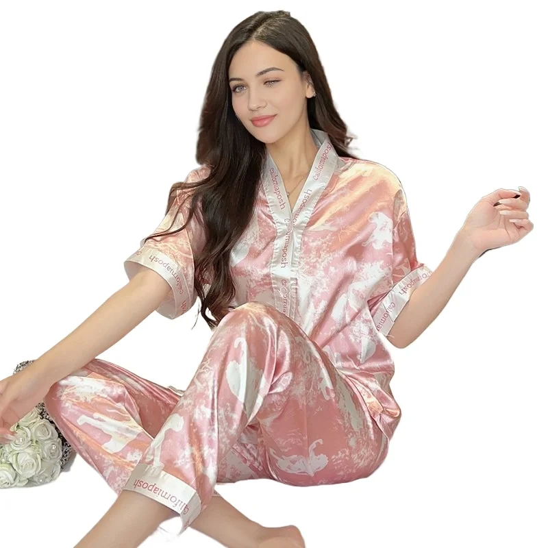 

Summer New Ice Silk Sleepwear Women Short Sleeve Loose Thin Home Clothes Set Can Be Worn outside Short Pants Sweet Style