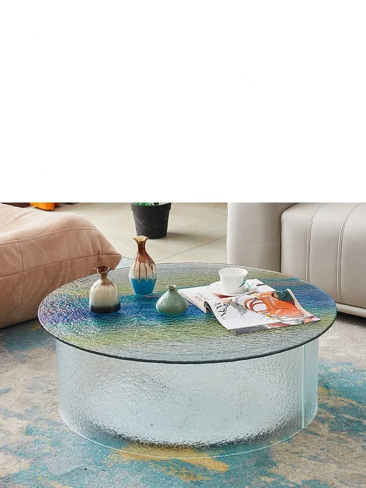 Minimalist Designer round Silent Style Hot Melting Tempered Glass Small Apartment Household LED Light Coffee Table