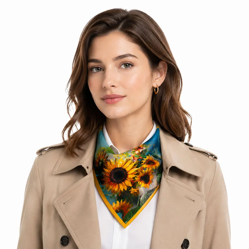 53cm 100% Natural Silk Scarf Women Sunflower Floral Bandana Art Print Botanical Neckerchief Summer Hair Wrap Square Shawl Gift