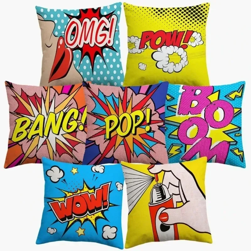Housse de coussin POP ART américain, taie d'oreiller décorative en lin pour la maison, BANG WOW BOOM