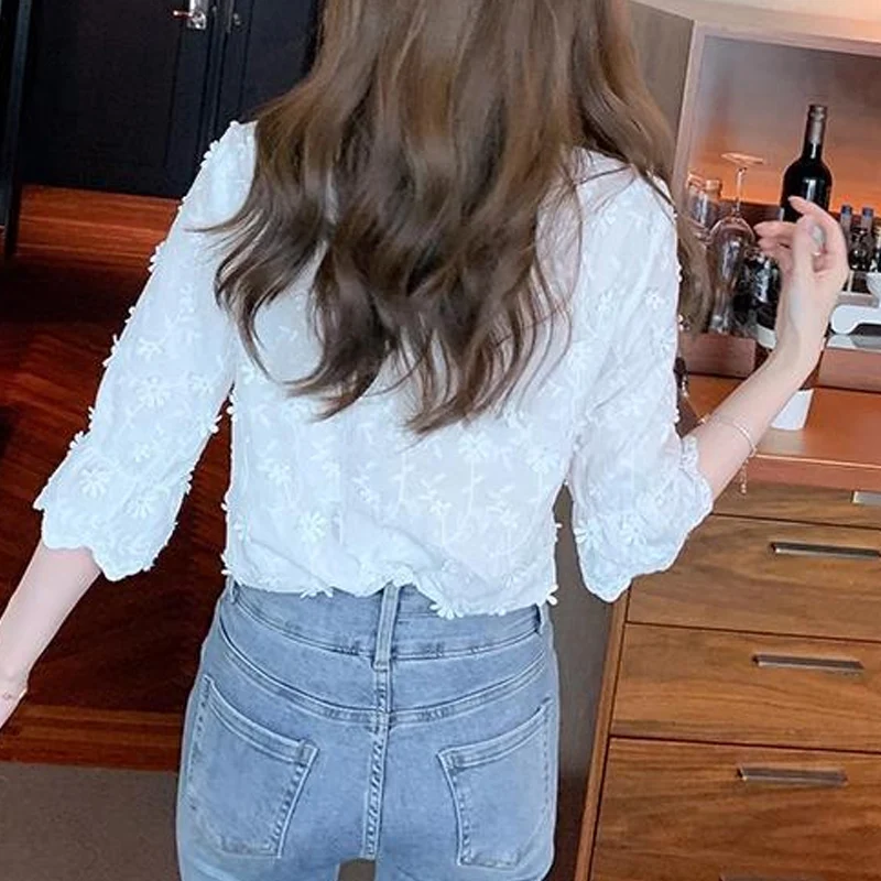 Summer New Solid Color Blouse Women V-neck Fashion Half Sleeve Pullovers Elegant All-match Three-dimensional Decoration Tops