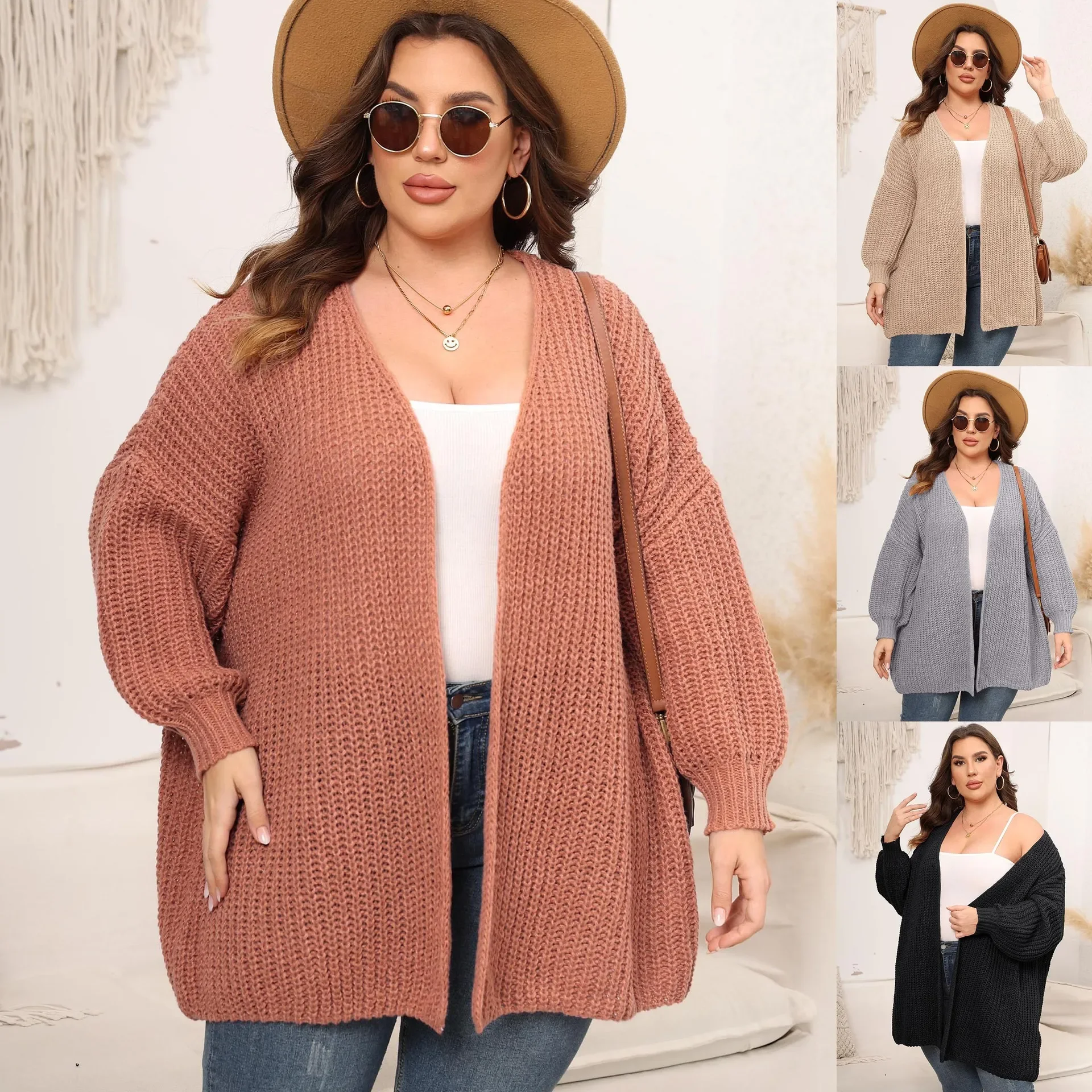 Plus Size Sweter Kardigan Odzież Damska Jesień i Zima Nowe Grube Włosy Igła Moda Luźny Sweter Na Zewnątrz