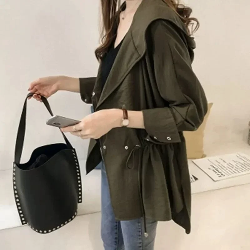 

Women's New Style Spliced Loose Hooded Buttons Fashionable Solid Color Mid-length Casual Long-sleeved Cardigan Jacket