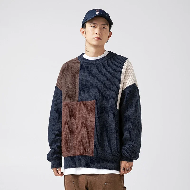 Spell Color Texture Slat Knit Pullover Sweater, Men's Autumn and Winter New Japanese Loose Coarse Needle Round Neck Knit Sweater