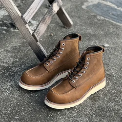 Durable Goodyear-Welted Motorcycle Rugged Heritage Boots Vintage Oil Genuine Leather Red Punk For Men Cow Mid-Cut Shoes