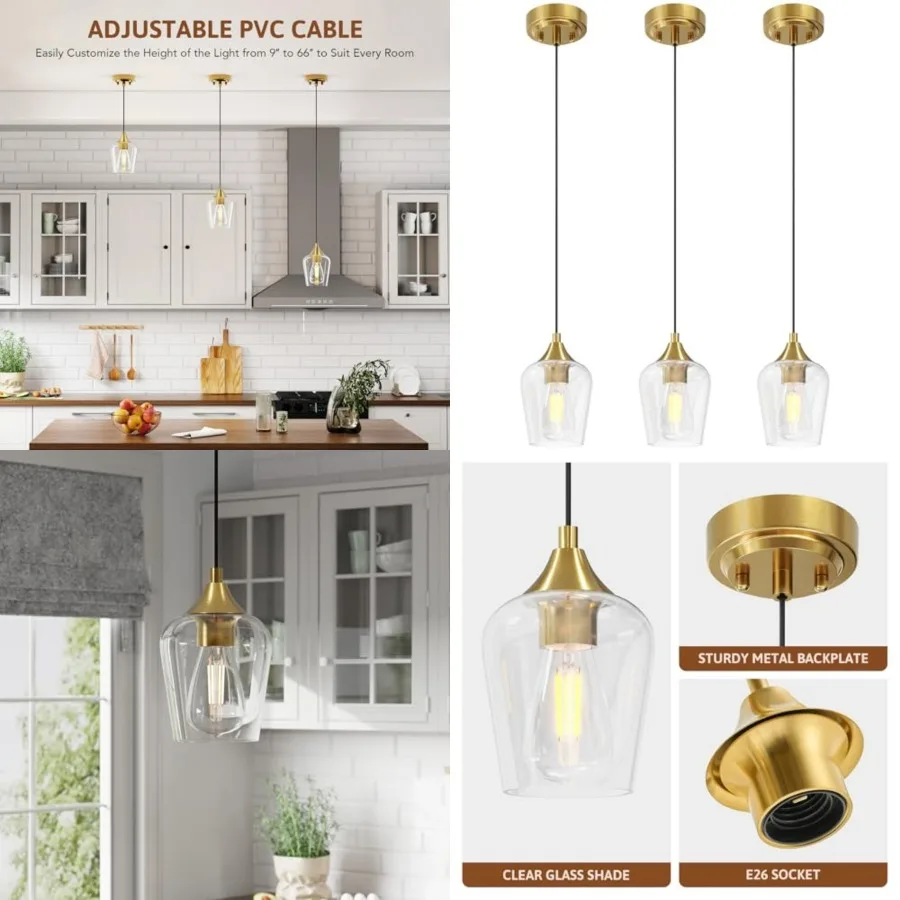 

Pendant Lights Kitchen Island, Brushed Pendant Light Fixtures with E26 Base and Adjustable Cable, Modern Pendant Lighting with