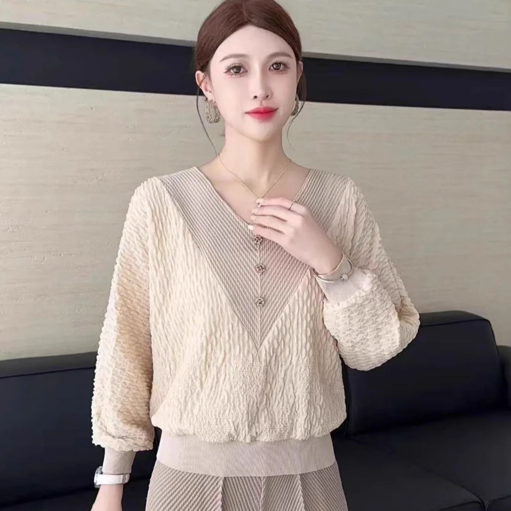 

Женская плиссированная футболка Miyake с v-образным вырезом, осень 2022, новые свободные топы с длинными рукавами, со складками, женская одежда