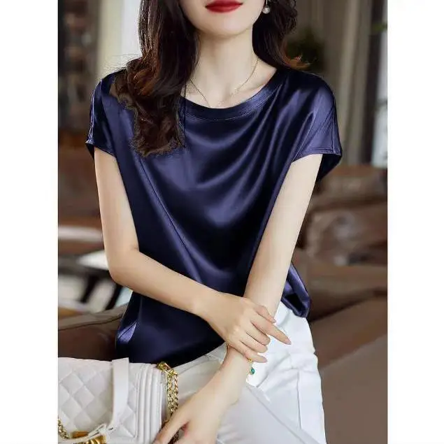 Elegant Summer Acetate Top Women's plus Size 2026 New Style Silk Chiffon Short Sleeve T-Shirt Thin Model Commute Style Loose Fit
