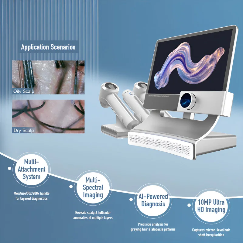 

Новый AI-анализатор кожи головы T5 2026 года с 3 насадками для тестирования волосяных фолликулов и определения уровня влажности кожи с отображением результатов в реальном времени на экране
