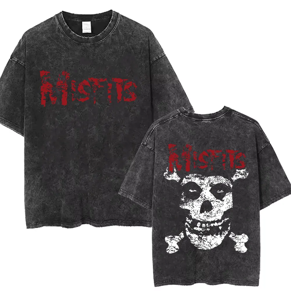 Hardcore Punk Band Misfits Vintage Washed T-shirt Horror Skeleton Graphic T-shirts Men Women Gothic Rock T Shirts 90s Streetwear