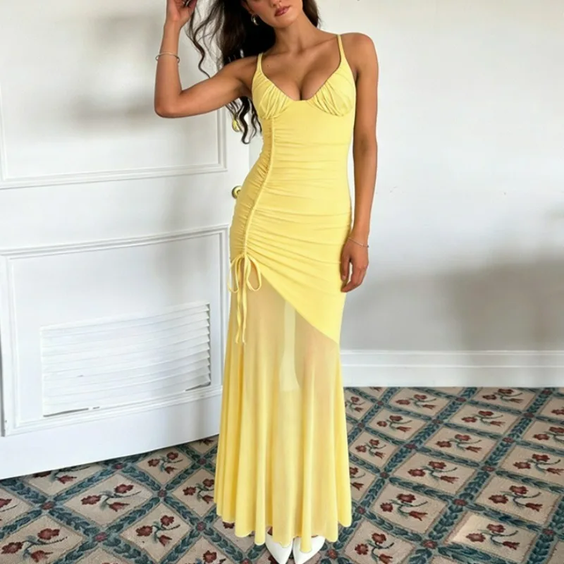 

Ticketsx Summer Split Lace Up Dress Women's Solid Plunge See Through Ruched Backless Long Dress Fashion Beach Vacation Vestidos