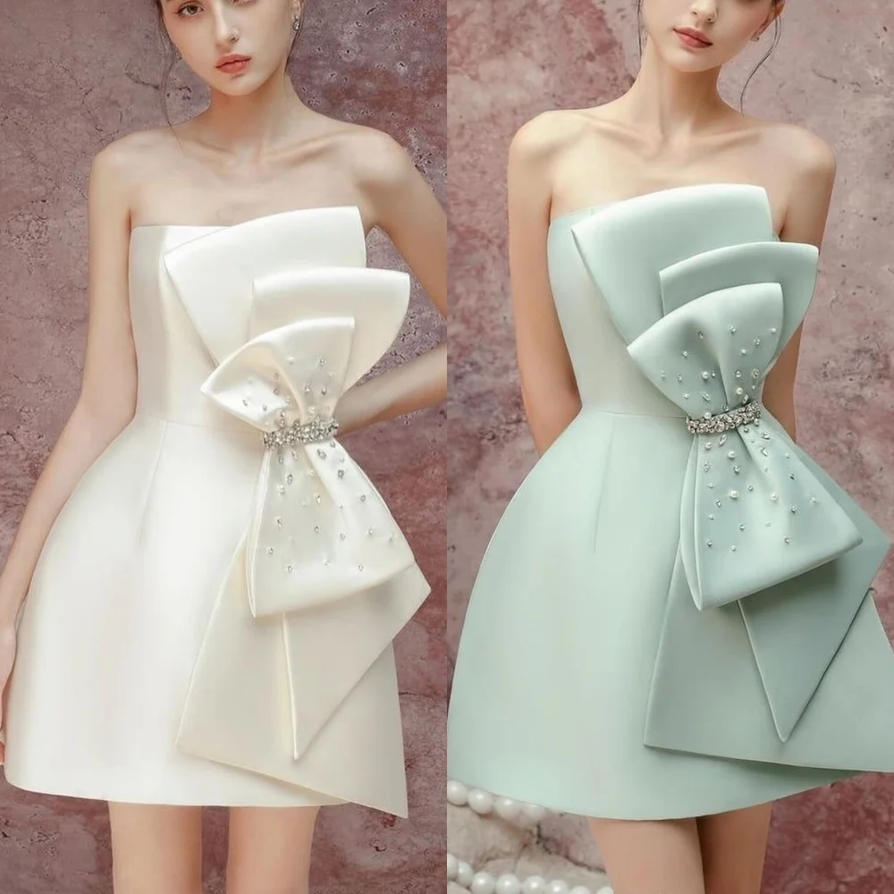 

Intricate Sparkle Satin Bow Rhinestone Pearl Pleat A-line Strapless Mini Dresses Cocktail Dresses Sexy Chinese Style Matching