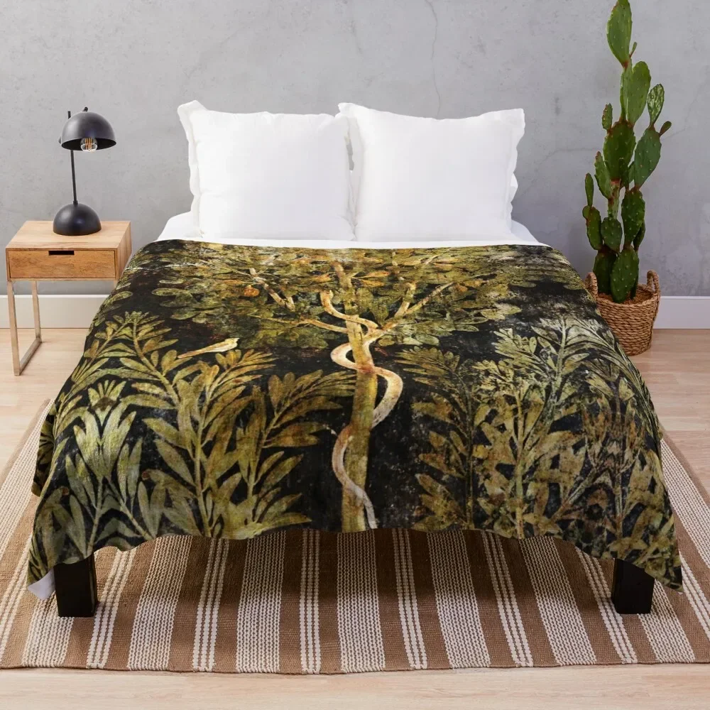 

ANTIQUE ROMANWALL PAINTINGS,SERPENT IN FIG TREE AND BIRD ,BLACK GREEN FLORAL Throw Blanket Beautifuls Nap Blankets