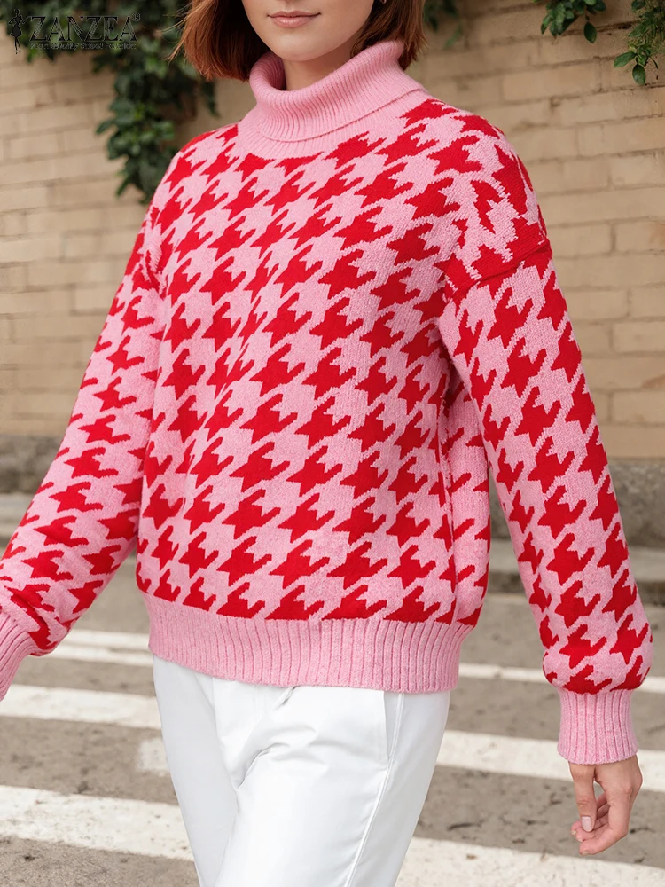

ZANZEA 2025 Autumn Vintage Turtleneck Sweaters Women Loose Casual Long Sleeve Houndstooth PulloversRibbed Hem Knitted Tops