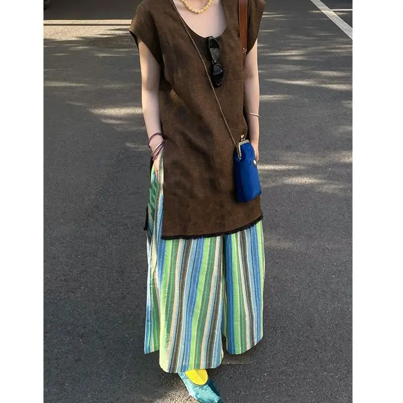 Shpmishal Slim and Age Reducing Vintage Brown Vest Top 2024 Women's Summer Striped Wide Leg Pants Two-piece Set Female Clothing