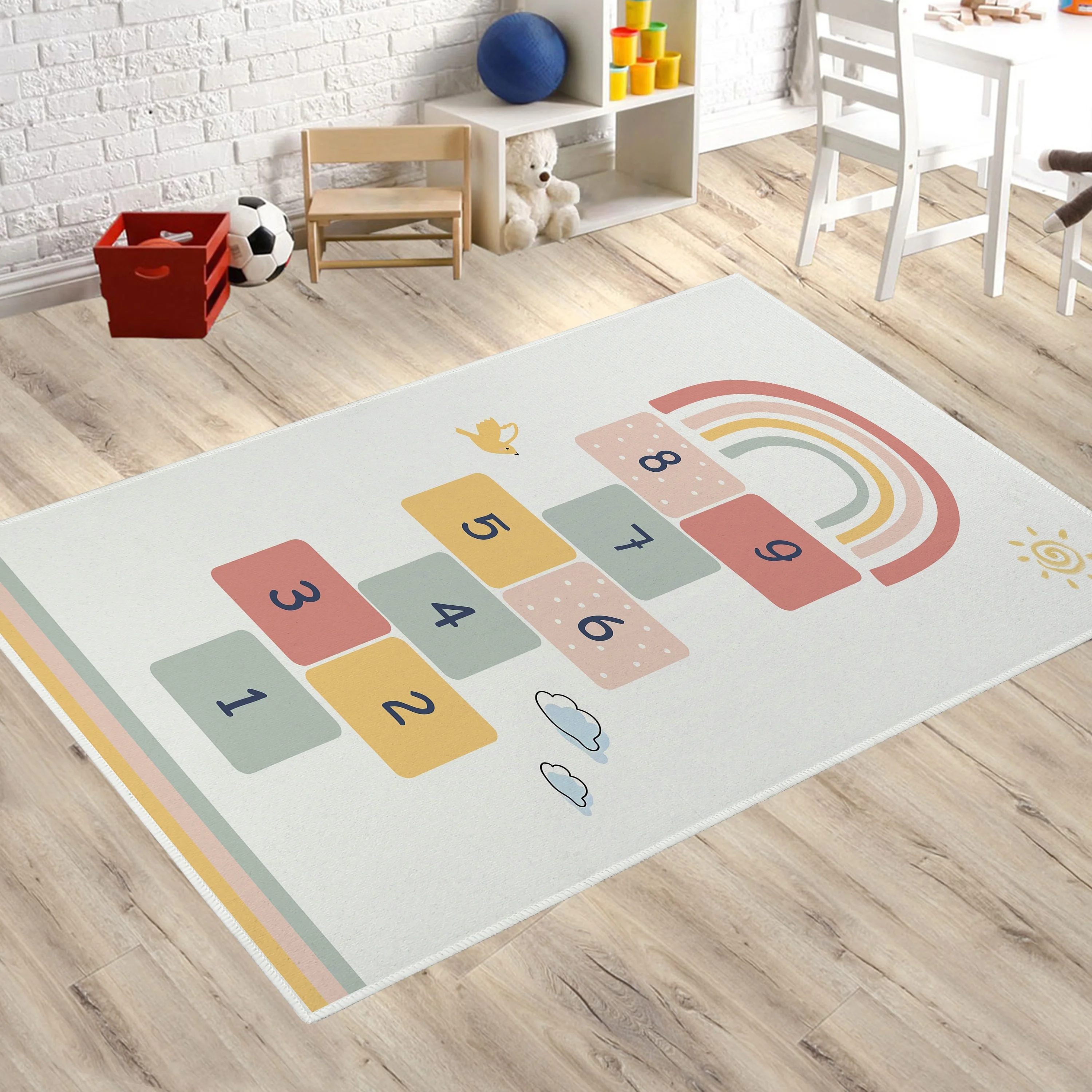 Cartoon Area Rug Jumping Plaid Printing Nursery Room Decoration Carpet Crawling Mat Bedroom Bedside Floor Mat Baby Room Decor