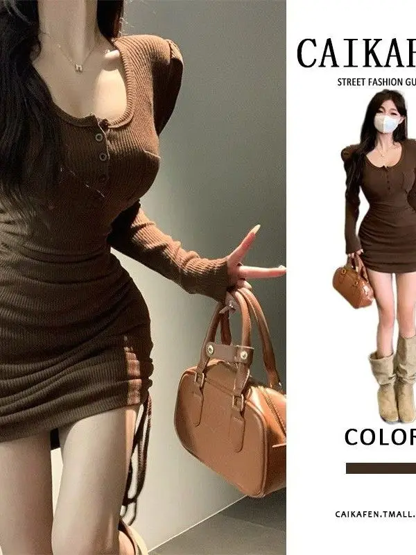 

Sexy Spicy Girl Knitted Bubble Sve U-Ne Dr Women's Winter Korean Sle Slimming Pleated ort Skirt High Waist Long S...