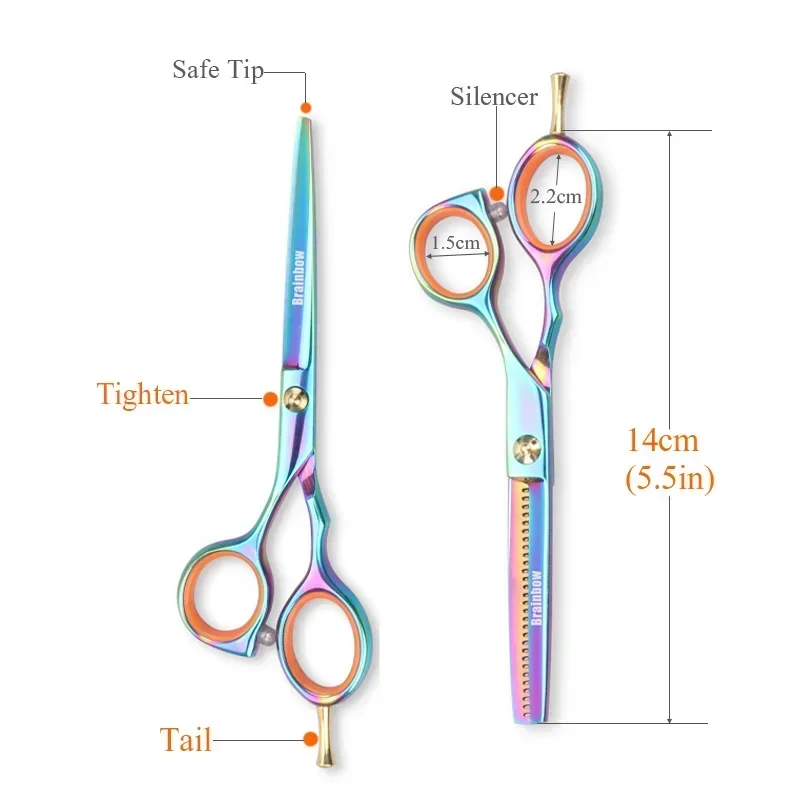 2pcs/Set 5.5'Multi-color Hair Scissors Right-hand Cutting Thinning Hairdressing Scissors Pro Salon Hair Styling Tools