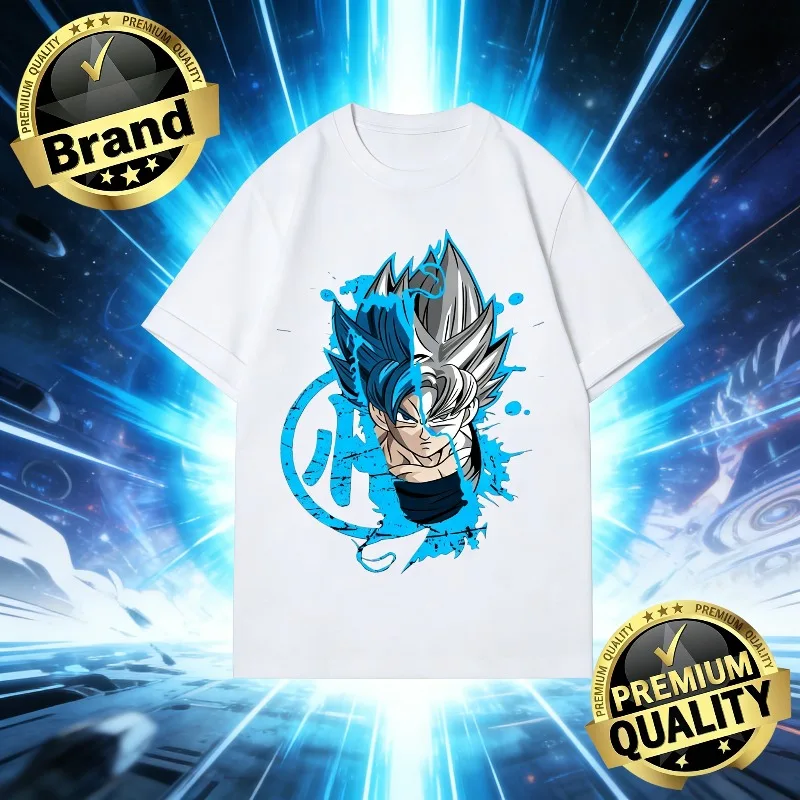

2026 Summer Dragon Ball Retro Pure Cotton Oversized Casual Tee for Men Women Kids Goku Blue & Ultra Instinct Split Anime Top